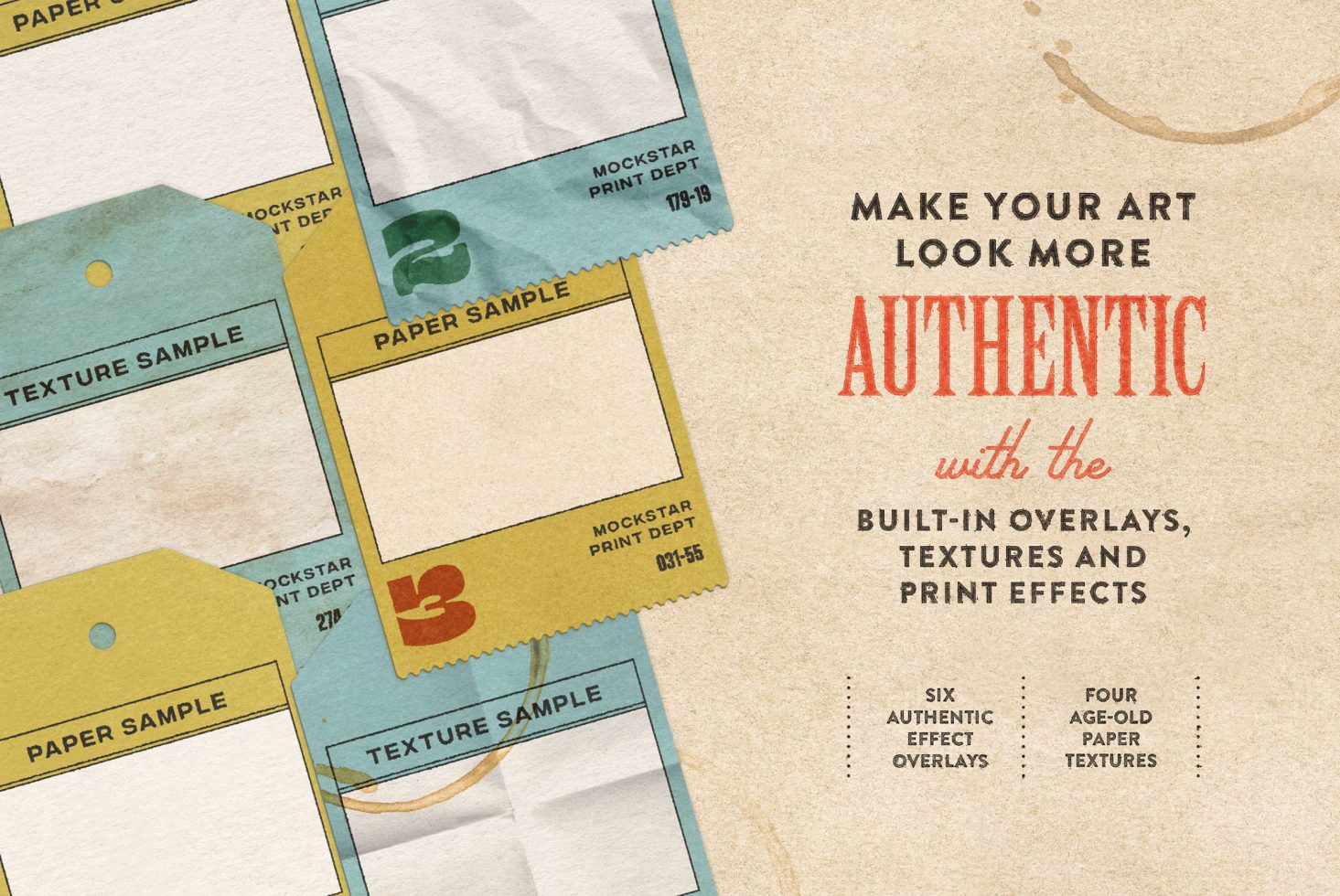 Vintage paper tags and texture samples advertising overlays and print effects to bring an authentic look to graphic designs.